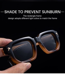 Detail showing metal T-logo on the hinge of black-brown gradient square sunglasses