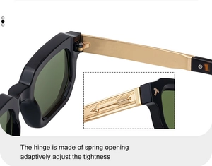Detail of square sunglasses showing spring hinges and golden temples for comfort