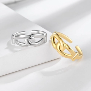 Minimalist double layer interlocking knot open rings in polished gold and silver finish