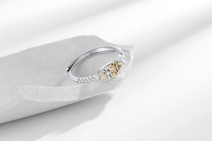 Detailed view of silver Ichthys ring with gold JESUS inlay and cubic zirconia accents