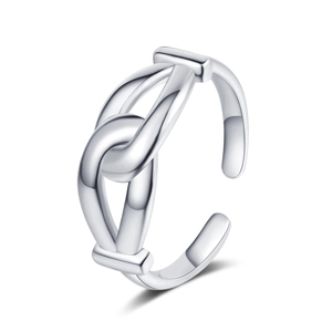 Minimalist double-layer knot open ring with polished silver finish on a clean white background