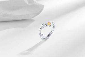 Macro detail of dachshund ring showing Love You Forever engraving and golden heart