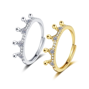 Copper Cubic Zirconia Crown Ring Adjustable Open Finger Jewelry Fashion Elegant Princess Style For Women