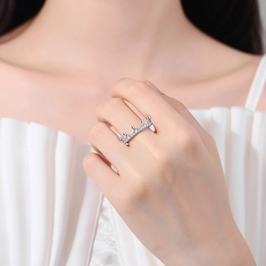 Elegant silver crown ring with sparkling zircon stones shown on finger for women