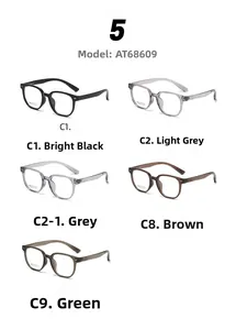 Detailed color options of square frame glasses in black, grey, brown, and green