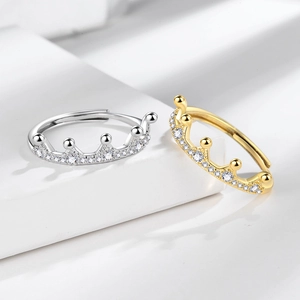Elegant adjustable crown rings with sparkling zircon inlay in gold and silver finish