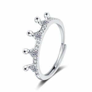 Sparkling silver crown ring with adjustable band and clear cubic zirconia stones