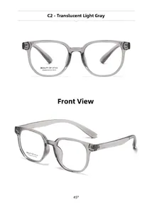 Detail view of translucent light grey square eyeglass frames from front and side angles