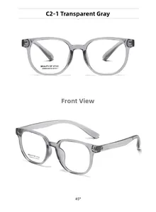 Detail view of transparent grey square optical frames showing front and 45-degree angle