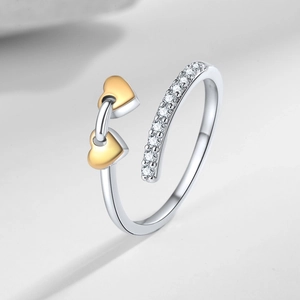 Interlocking Heart To Heart Adjustable Open Ring Copper Zircon Rhinestone Minimalist Trendy Jewelry For Women