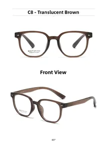 Detail view of translucent brown square glasses frame showing front and side perspectives