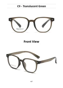 Detailed views of square transparent green optical frames with metal rivet accents