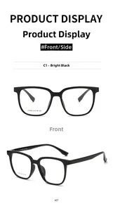 Detailed view of black square optical glasses with inner temple text and frame dimensions