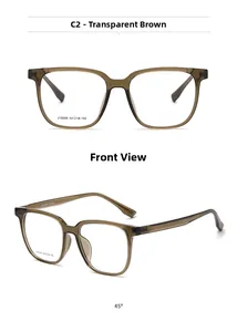 Detail view of transparent brown square glasses frame J10009 with size specifications