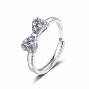 Silver bow ring with micro-pave zircons and milgrain adjustable open band for women