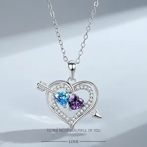 Cupid's Arrow Heart Pendant Necklace Copper Platinum Plated With Blue Purple Heart Cubic Zirconia Romantic Jewelry For Women