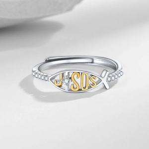 Adjustable Jesus fish silver ring with gold lettering and micro-pave zircon crystals