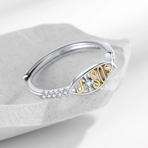 Adjustable 925 silver Jesus Fish ring with sparkling micro-pave cubic zirconia