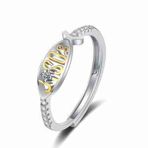 Adjustable silver Jesus fish ring with gold letters and sparkling micro-inlaid diamonds