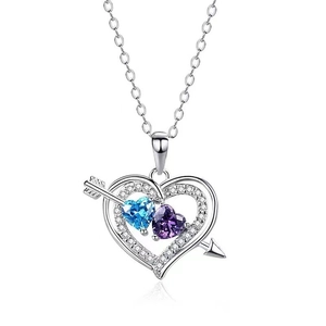 Arrow of Cupid necklace with silver chain and blue purple heart-shaped gemstones