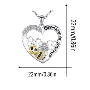 Bee-lieve in yourself heart necklace with honeycomb design and zircon bee pendant