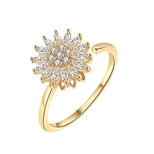 Anello girevole a girasole dorato con petali di zircone e fascia aperta regolabile chic