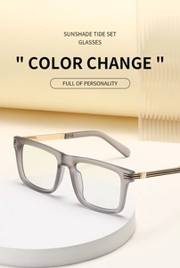 Detail of square photochromic sunglasses with golden metal temples and enamel accents