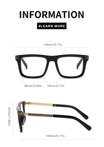 Detailed dimensions of square black frames with gold metal temples and size parameters
