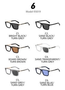Overview of six square color-changing sunglasses models with striped metal temples