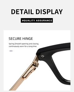 Close-up of flexible spring hinge and gold metal temple on square sunglasses