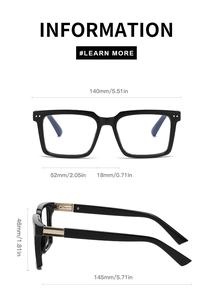Detailed size specification for square black glasses frame with golden metal accents