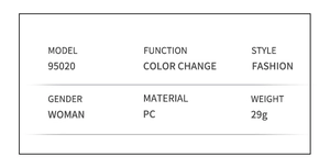Detailed specifications for model 95020 color-changing PC glasses for women