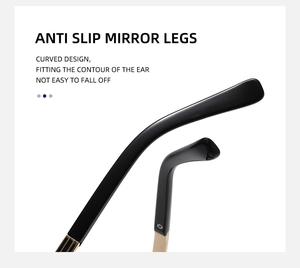 Detail of anti-slip curved eyewear temples with gold metal hinges and glossy finish