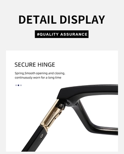 Macro detail of high-quality golden metal hinge on black square optical glasses frame
