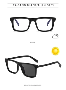 Detail view of photochromic lenses changing from clear to grey in sand black square frame