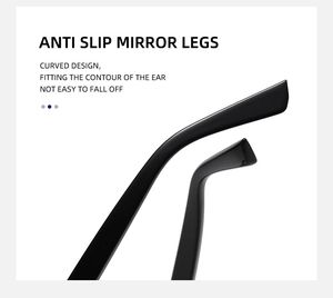 Detail of ergonomic curved black glasses temple with anti-slip design for comfort