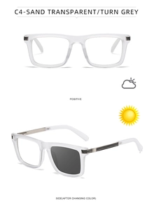 Detail of square photochromic sunglasses changing from transparent to grey lenses