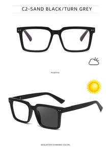 Square matte black glasses showing photochromic transition from clear to grey lenses