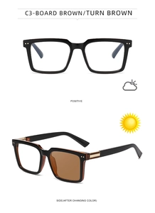 Detail of square photochromic glasses showing transition from clear to brown lenses