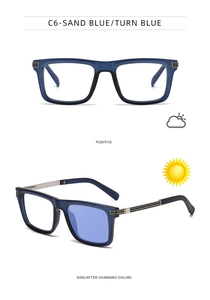 Detail of square photochromic sunglasses in sand blue finish showing color change