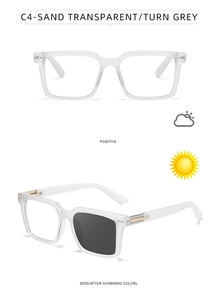 Detailed view of square sand transparent photochromic glasses changing from clear to grey