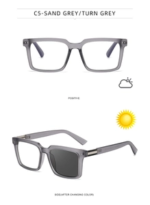 Detail view of square sand grey photochromic lenses changing color under sunlight