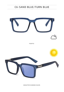 Detail of square photochromic glasses in sand blue with metal hinge and lens color shift