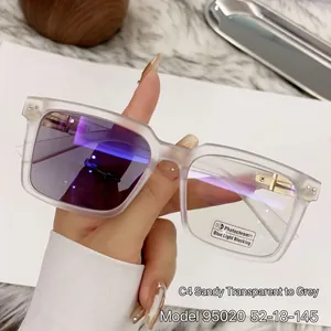 Square sandy transparent grey photochromic blue light blocking glasses with metal hinges