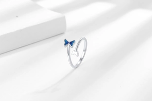Makroaufnahme von Silberring mit blauem Schmetterling und verstellbarer Öffnung