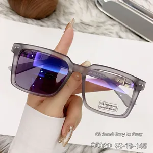 Detail view of photochromic square glasses with sand grey frame and UV light reaction