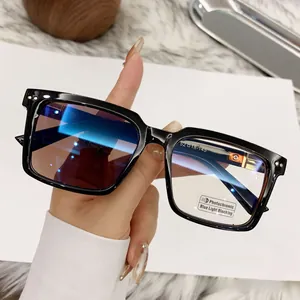 Detail showing photochromic transition on square full-rim glasses with blue light blocking