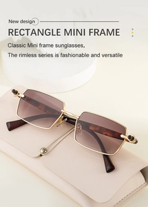 Rectangle mini frame sunglasses with gradient lenses and beige leather folding case