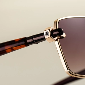 Detail of gold metal frame sunglasses featuring hex nut screws and tortoiseshell temples