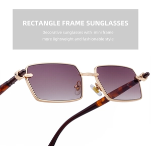 Detail of square rectangle sunglasses with purple gradient lenses and tortoiseshell temples